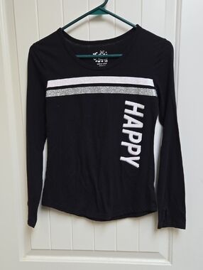 Justice Cotton Kids Black Long Sleeve 'HAPPY' Tee with Glitter Stripes Sise 10